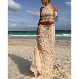 Miolasay Women's Two Piece Maxi Skirt Lace Up Sleeveless Tank Top and Flowy Long Skirt Set Y2K Summer Beachwear, Apricot