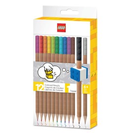 IQ LEGO Pack of 12 Colouring Pencils with Pencil Topper (52064), 2 x 2 LEGO Stone Attachment, 12 Bright Colours, Compatible with LEGO Stationery System, from 6 Years, 12 Colouring Pencils