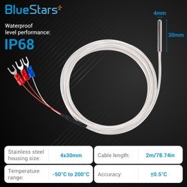 Waterproof RTD PT100 Temperature Sensor - BlueStars Stainless Steel 3-Wire Digital Thermistor Probe for PID Temperature Controller 4x30mm with 2m/78.74in Cable -50°C to 200°C