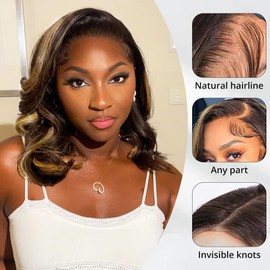 RECOOL Loose Body Bob Wig Highlight Blonde Short Body Wave Human Hair Wig For Black Women 5x6 HD Glueless Lace Front Wigs Pre Plucked with Baby Hair Bleached Knots 4/27 Mixed Color Wigs 14inch