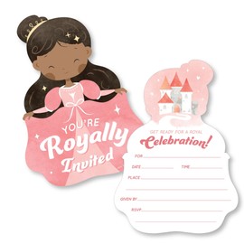 Big Dot of Happiness Princess Birthday Invitations (Skin Tone 3), You're Invited Pink Royal Princess-Shaped Party Fill-In Invitation Cards with Envelopes for Girls' Birthday - Set of 12