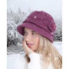 CheChury Ladies Hats Winter Vintage Beanie Hats for Women Floral Cloche Hats Foldable Bowler Bucket Hat Warm Elegant Knitted Hat Brimmed Caps Winter Hats Beanies,Pink