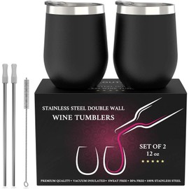 CHILLOUT LIFE Stainless Steel Wine Tumblers 2 Pack 12 oz - Double Wall Vacuum Insulated Wine Cups with Lids and Straws Set for Coffee, Wine, Cocktails (Black)