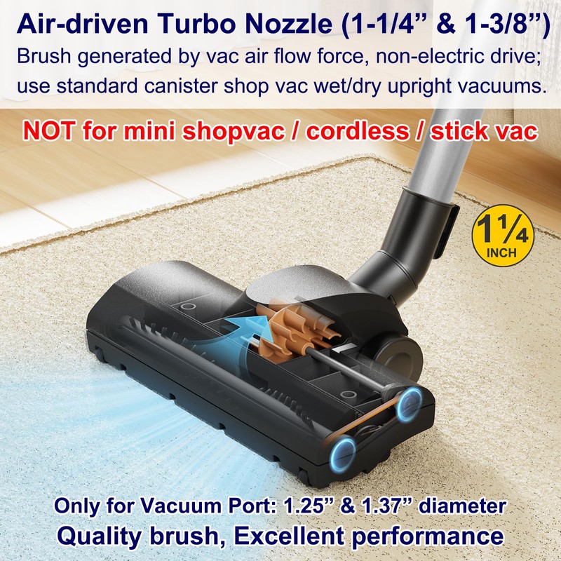Portek Turbo Brush Head for 1-1/4" 1-3/8"(35mm) Vacuum Cleaners, Turbohead