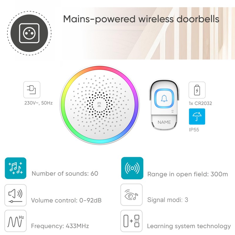 RGB LED Wireless Doorbell IP55 230 V, 300 m, 60