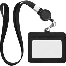 Furifer ID Card Holder, Name Holder, Extendable Reel, Name Badge Holder, Employee ID Card Case, PU Leather, Horizontal Type, Double-Sided, Card Holder, Neck Hanging, Work or School, Unisex, Horizontal Type + Black