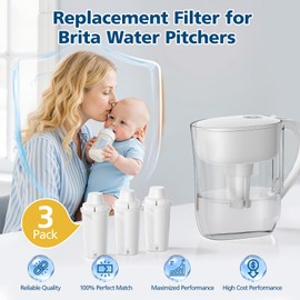 3 Pack Replacement for Brita® Water Filter Pitchers and Dispensers, BPA-Free & NSF Certified, Classic OB03, Mavea® 107007 35557, Metro, Everyday, UltraMax, Half-year filter supply