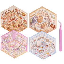 DIY 3D Sticker Scene 4 Sets of Stickers for Kids, DIY Your Own Cozy Room with Different Themes, Bakery, Candy House, Clothing Store, Fun 3D Sticker Therapy for Adult Kids Relief Stress Pass The Time