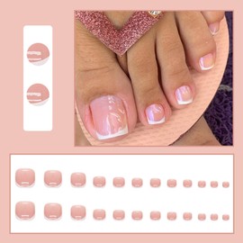 French False Toenails Short, 24Pcs Nude Pink Fake Toe Nails, White French Press on Toenails, 12 Sizes Full Cover Stick on Toenails with Nail Glue for Women Girls Toenails Art(Nude Pink)