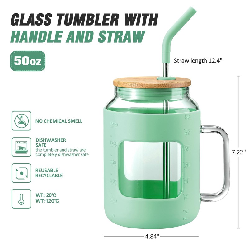 WINSA 50 oz Glass Water Bottles with Silicone Sleeve,Glass Tumbler
