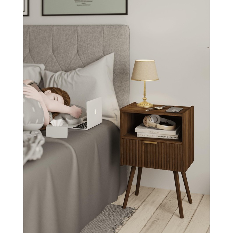 JOONEE Nightstand,Modern Bedside Table with Storage Drawer and Open Wood