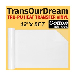 TransOurDream Tru-PU Heat Transfer Vinyl Rolls, 12'' x 8ft Matte White Vinyl for Explore AIR 2, Maker, Cameo, Matte White HTV Iron on Vinyl for T-Shirts, Thinner, Soft, Sticky, Unprintable