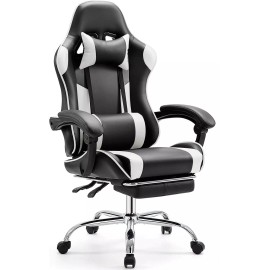 OLIXIS Video Game Chair PU Leather Lumbar Support Footrest Headrest Fixed Arm Swivel - White & Black