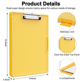 Piasoenc Clipboard with Storage, 8.5 x 11 Clip Boards with 2 Storage Case and A4 Paper Folder, Clear Dry Erase Top Panel, Heavy Duty Plastic, Folio & Side-Opening, for Nurses, Teachers, Lawers,Yellow
