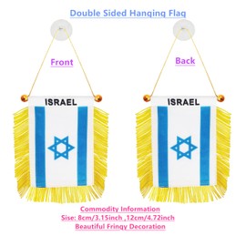 Israel Flag Israeli Hanging Flag Israel Small Mini Window Flags Rearview Mirror Decoration With Suction Cup Golden Fringy(2 Pack)