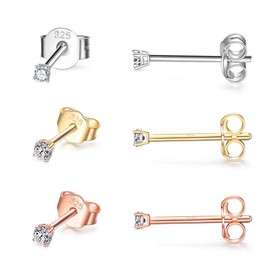 CERSLIMO Silver Stud Earrings for Women Men Girls, 3 Pairs Sterling Silver Tiny Cubic Zirconia Stud Earrings Small Dainty Cartilage Tragus Sleeper Earrings Set (2mm, Silver/Gold/Rose Gold)