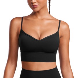 CRZ YOGA Womens Butterluxe Sweetheart Longline Sports Bra - V Neck Adjustable Thin Strap Yoga Camisole Padded Crop Top Black X-Large