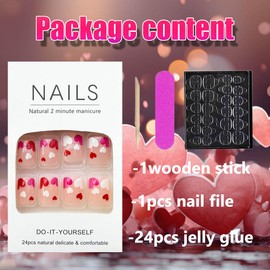 Heart Press on Nails Valentine's Day Fake Nails Short Square Glue on Nails Nude False Nails with Pink Red White Heart Design Romantic Acrylic Nails Full Cover Glossy Stick on Nails for Women 24Pcs