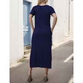 Cnlinkco Maxi Dress for Women 2024 Plain Crew Neck Casual Dress Split Short Sleeve Long Ladies Summer Dresses with Pockets Navy Blue S
