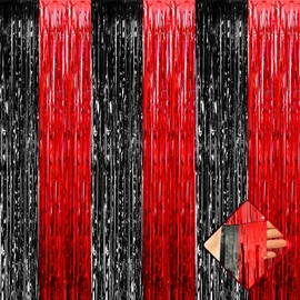 4 Pack 3.2Ft x 6.6Ft Black Red Foil Fringe Curtain Backdrop, Metallic Tinsel Foil Fringe Streamers Curtains Background for Casino Viva Las Vegas Game Night Birthday Party Decoration