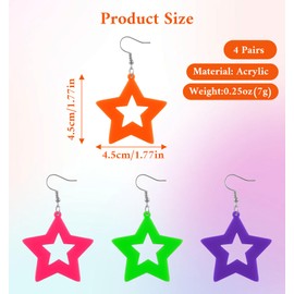 Neon Star Earrings for Women, 4 Pairs 80s Retro Earrings Dangle, Fun Colorful Fluorescent Jewelry for Neon Party Dancing Costume Accessories(Orange, Green, Rose Red, Pink)