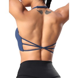 YEOREO Women's Sports Bra Halter Workout Sports Bra Strappy Criss Cross Back Bra Removable Padded Yoga Crop Top, Navy, Medium
