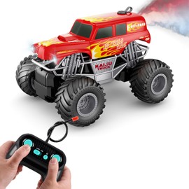 GoolRC Remote Control Car, 1:16 Scale Remote Control Truck, All Terrain Off-Road Monster Truck, Red RC Truck with Spray and LED Lights, Rechargeable Electronic Vehicle for Kids, Boys and Girls