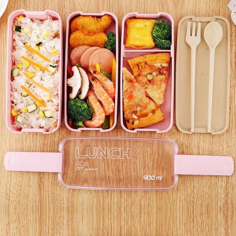 Mejiwasmi Portable Bento Box, 3-layers Lunch Box, 900ML Wheat Straw