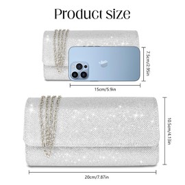 Naapesi Chain bag, women's clutch glitter, elegant envelope bag, glitter evening bag, handbag silver, shoulder bags with removable chain, for wedding, party, leisure, date, gift for girlfriend, silver