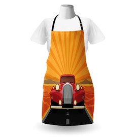 Lunarable Cars Apron, Vintage Antique Old Automobile on The Highway with Retro Style Background, Unisex Kitchen Bib Apron with Adjustable Neck for Cooking Baking Gardening, Orange Red and Black