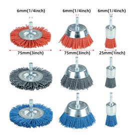 Pack of 9 Nylon Wire Pot Brush, Wire Brushes with Hex Shank 1/4 Inch (6.35 mm), 3 Sizes Nylon Drill Brush Set for Removing Rust and Corrosion