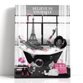 Fashion American African Black Girl Women In Bathtub Wall Art Decor Listening To Music Black And White Pink Earphones Print Painting Picture Canvas Framed Decorations For Bathroom Living Room Bedroom