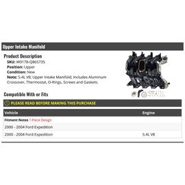 Upper Intake Manifold Kit with Aluminum Crossover, Thermostat, O-Rings, Screws and Gaskets - 1 Piece Design - Compatible with 2000-2004 Ford Expedition 5.4L V8