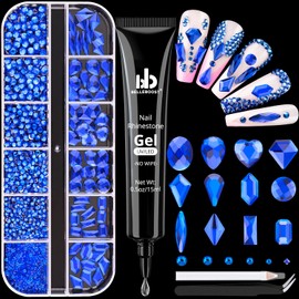 Royal Blue Glass Nail Rhinestones - 2060 Pcs Multi Shapes + 2000 Pcs Round Crystal with Glue Gel for Nail Art