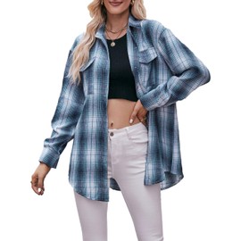 Korebow Women's Lightweight Flannel Plaid Button Down Shirts Oversized Long Sleeve Shacket Jacket Tops(0200-Blue-S)