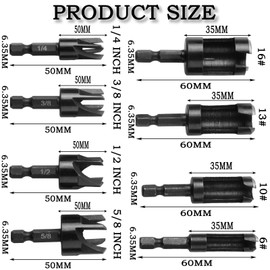 JONMON Wood Plug Cutters, 8Pcs 1/4, 3/8, 1/2, 5/8 Inch Straight and Tapered Taper Cutting Tool Set with 1/4 Quick Change Hex Shank for Woodworking