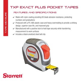 Starrett Exact Plus Retractable Imperial Pocket Tape Measure with Nylon Coating, Self Adjusting End Hook, and Black Anodized Steel Belt Clip - 1.06" Width x 30' Length - KTXP106-30-N
