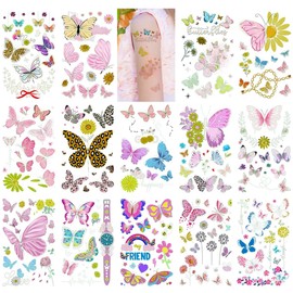 Fanoshonltd Butterfly Flower Glow in the Dark Tattoo Stickers for Kids 14 Pcs Boys Girls Butterfly Luminous Water Transfer Stickers, 100+ Temporary Children Luminous Butterfly Face Body Stickers