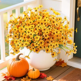 Artificial Mums Fall Fake Flowers for Outdoors, 12 Bundles Faux Mums for Outdoor Planters Autumn Decorations,UV Resistant Silk Flowers for Front Porch Garden Patio Home Decor(Yellow)