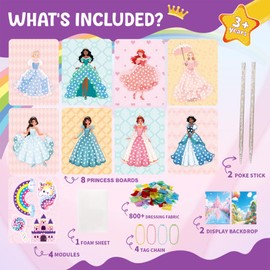 Afufu 12 Sets Poke-in Art Craft Kits Girls Toys for Kids Age 3 4 5 6 7 8 9 10, DIY Cartoon Princess Dress-Up Games, Mess-Free Fun Art Set with 800*Fabrics 2*Sticks, Creative Activities Birthday Gifts