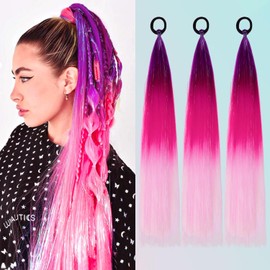 PORSMEER 3 Pcs Rainbow Hair Extensions With Elastic Tie,3 Tone Mermaid Hair for Braiding Crochet,Synthetic Braided Ponytail Extension for Women,Glitter Hair for Festival/Party(Purple/Red/Pink)