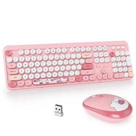 GTSP Pink Typewriter Keyboard Wireless Mouse Combo, Cute Keyboard 2.4G Office Full-Sized Retro Keyboard with Round Keycaps for Laptop PC Desktops（Pink）