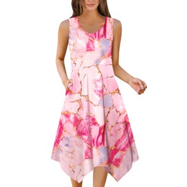 Zeagoo Flowy Dress for Women Petite Summer Dress Tropical Boho Beach Sundress Sleeveless Tshirt Dress Loose Print Tank Midi Dress with Pockets Pink