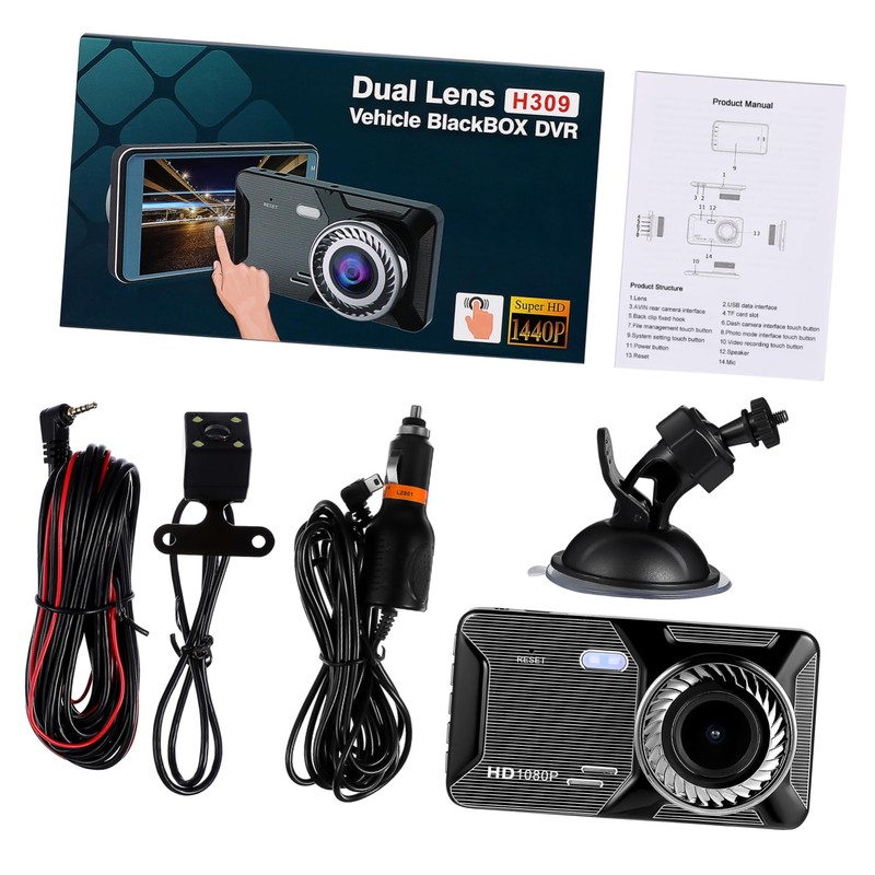 Tofficu Touch Screen Dual Lens Car Dash Cam Front and