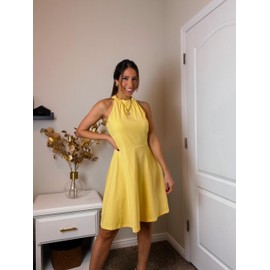 OUGES Women's 2025 Summer Fashion Yellow Halter Neck Sleeveless Tie Back Swing A-Line Sundress Beach Vacation Mini Dress(Yellow,M)