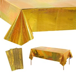 2pcs 137x274cm Gold Tablecloth for Gold Party Decorations,Plastic Holographic Table Cloths Foil Table Cover Metallic Disco Tablecloth for Outdoor Picnic,Birthday,Christmas Party Decorations