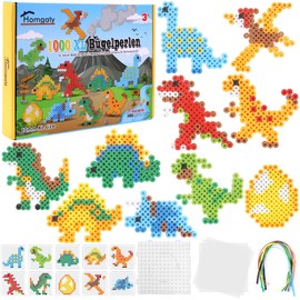Homgaty Large 10 mm Ironing Beads Dino Set, 1000 Pieces XL Beads with Plates, 10 Patterns and Ironing Paper, 10 Colourful Colours, XL Ironing Beads, Creative Bead Set for Children from 3 Years