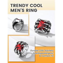 Bestyle Mens Stainless Steel Ring Gothic Demon Evil Dragon Claw Red Gem Stone Band Ring Red Garnet Ring Biker Punk Ring for Men Gift for Him, Anillos De Hombre, Size 8