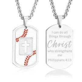 Fervia Baseball Bible Verse Cross Necklace for Men Boys Stainless Steel Sliver Tone Cross Pendant Religious Gift Baseball Sports Jewelry for Men with Stainless Steel Chain 22+2 inch(Philippians 4:13)