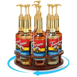 THYGIFTREE Large Rotating Coffee Syrup Organizer 9 Bottles Coffee Syrup Rack for Countertop Wood Syrup Bottle Holder Stand for Coffee Bar Station, Turntable Wine Display Tray, Brown